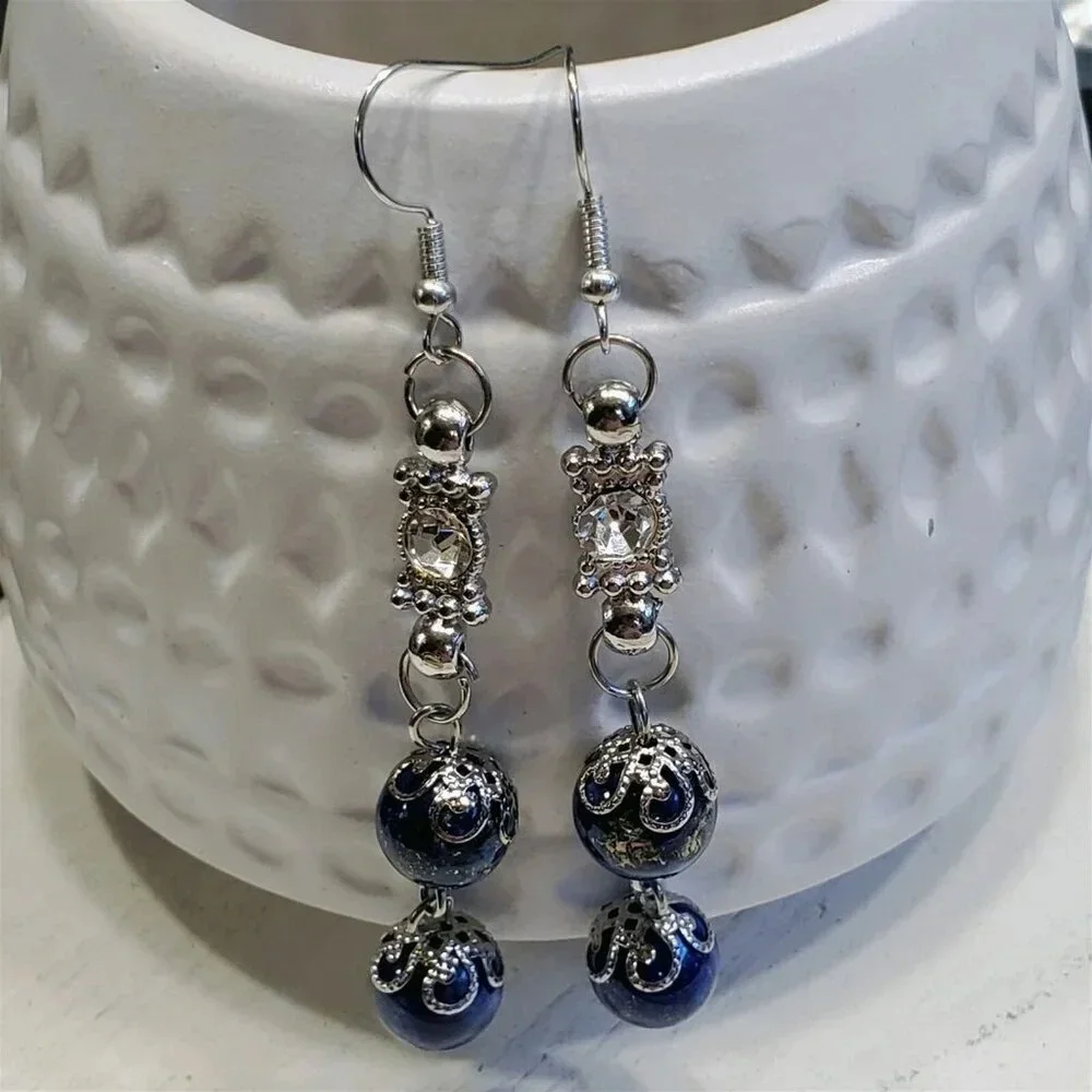 Handcrafted Lapis Lazuli Gemstone Lacy Silver Clear Crystal Dangle Earrings